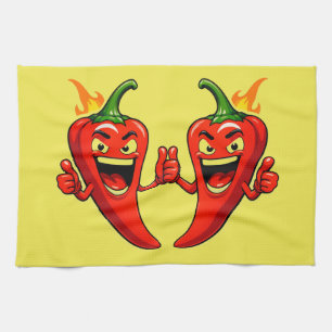 Cartoon Fire Pepper Mascot With Grinning Face Tea Towel