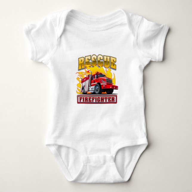 Cartoon Fire Truck T-Shirt Baby Bodysuit (Front)