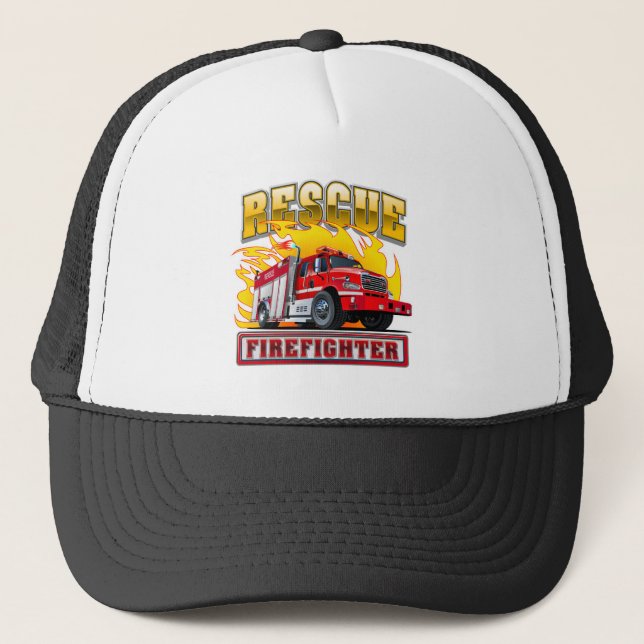 Cartoon Fire Truck T-Shirt Trucker Hat (Front)