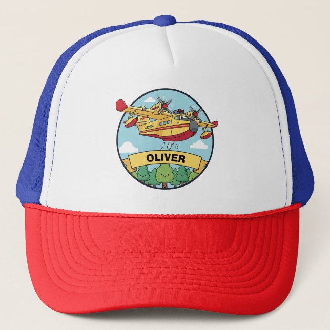 Cartoon Firefighting Plane Badge Trucker Hat (Front)