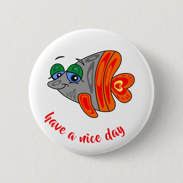 cartoon fish friendly orange grey 6 cm round badge (Front)