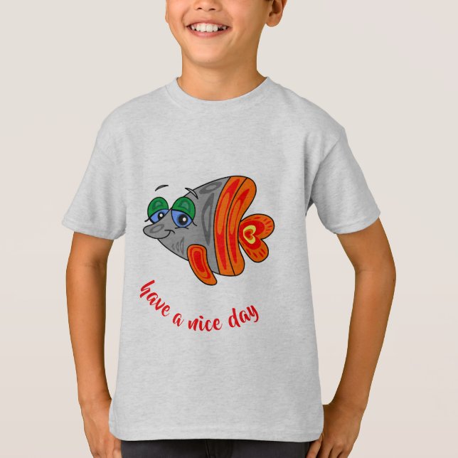 cartoon fish friendly orange grey button T-Shirt (Front)