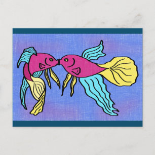 Cartoon fish kissing postcard