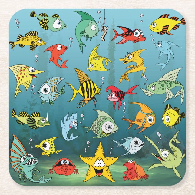 Cartoon Fish Underwater Square Paper Coaster (Front)