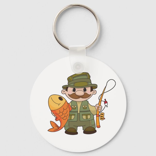 Cartoon Fisherman with Big Catch Funny Fishing  Key Ring (Front)