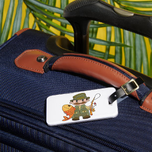 Cartoon Fisherman with Big Catch Funny Fishing  Luggage Tag