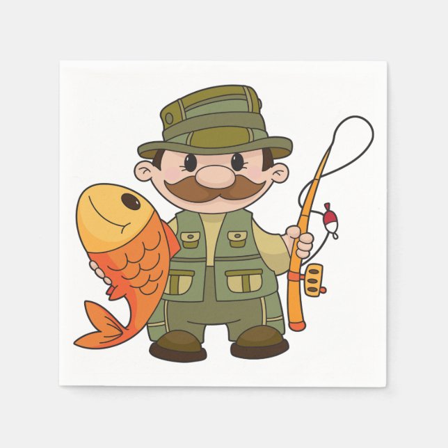 Cartoon Fisherman with Big Catch Funny Fishing  Napkin (Front)