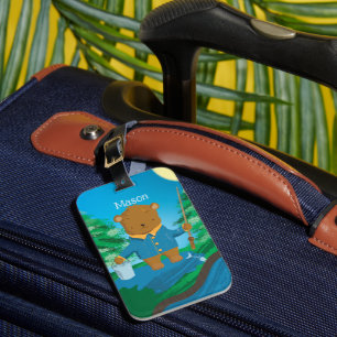 Cartoon Fishing Brown Bear Kid Luggage Tag