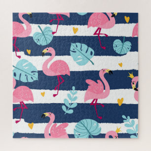 Cartoon Flamingos: Summer Tropical Vintage. Jigsaw Puzzle