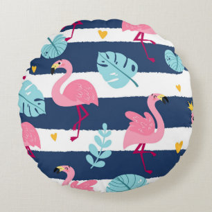 Cartoon Flamingos: Summer Tropical Vintage. Round Cushion