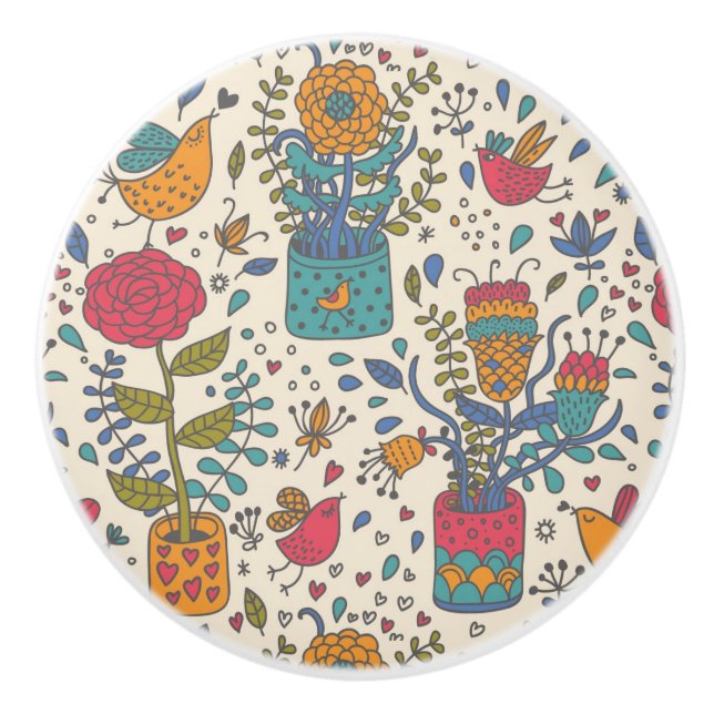 Cartoon floral pattern with birds 2 ceramic knob (Front)
