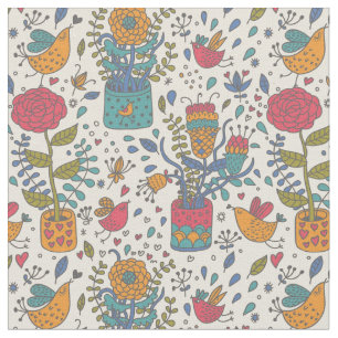 Cartoon floral pattern with birds 2 fabric