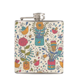 Cartoon floral pattern with birds 2 hip flask