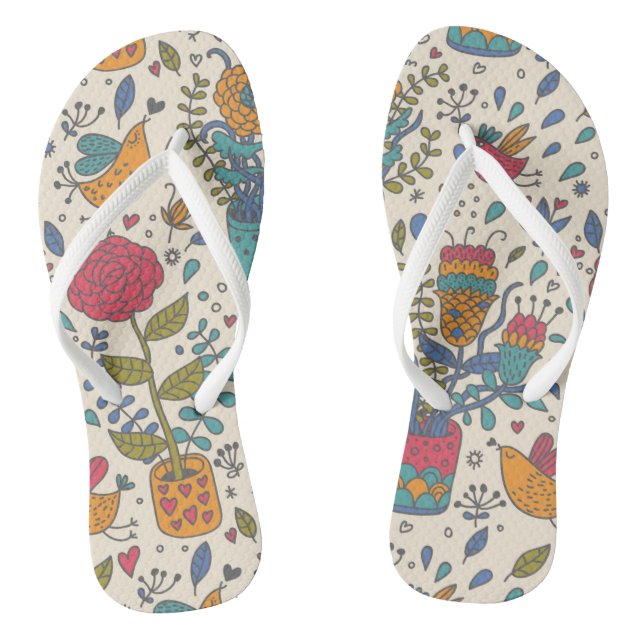 Cartoon floral pattern with birds 2 jandals (Footbed)