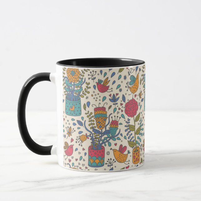 Cartoon floral pattern with birds 2 mug (Left)