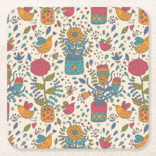 Cartoon floral pattern with birds 2 square paper coaster