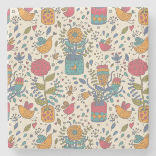 Cartoon floral pattern with birds 2 stone coaster