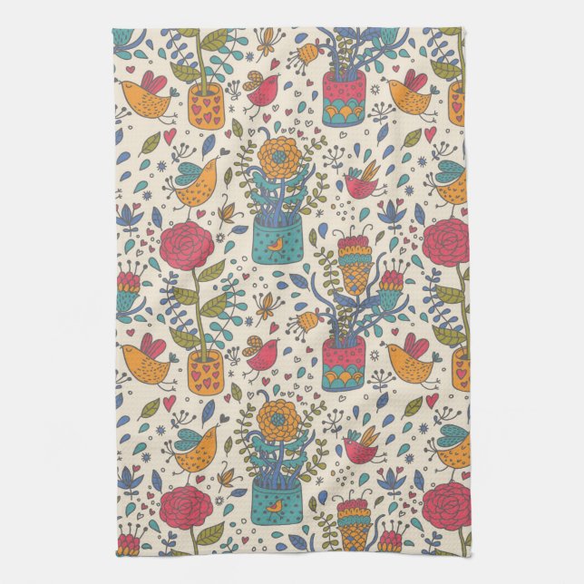 Cartoon floral pattern with birds 2 tea towel (Vertical)