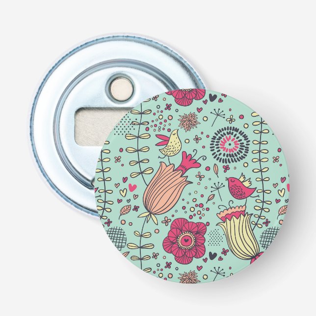 Cartoon floral pattern with birds bottle opener (Front)