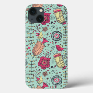 Cartoon floral pattern with birds iPhone 13 case