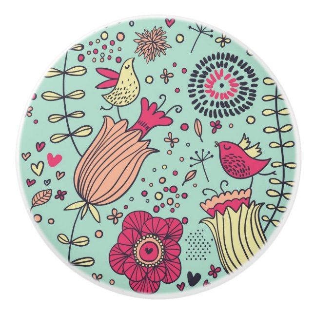 Cartoon floral pattern with birds ceramic knob (Front)