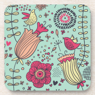 Cartoon floral pattern with birds coaster