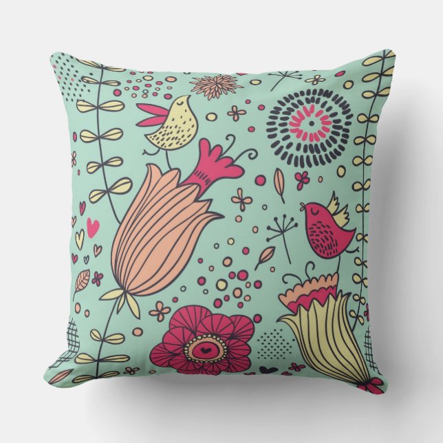 Cartoon floral pattern with birds cushion (Front)