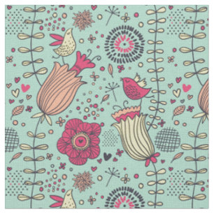 Cartoon floral pattern with birds fabric