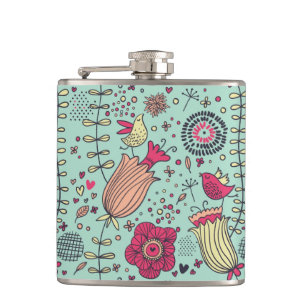 Cartoon floral pattern with birds hip flask