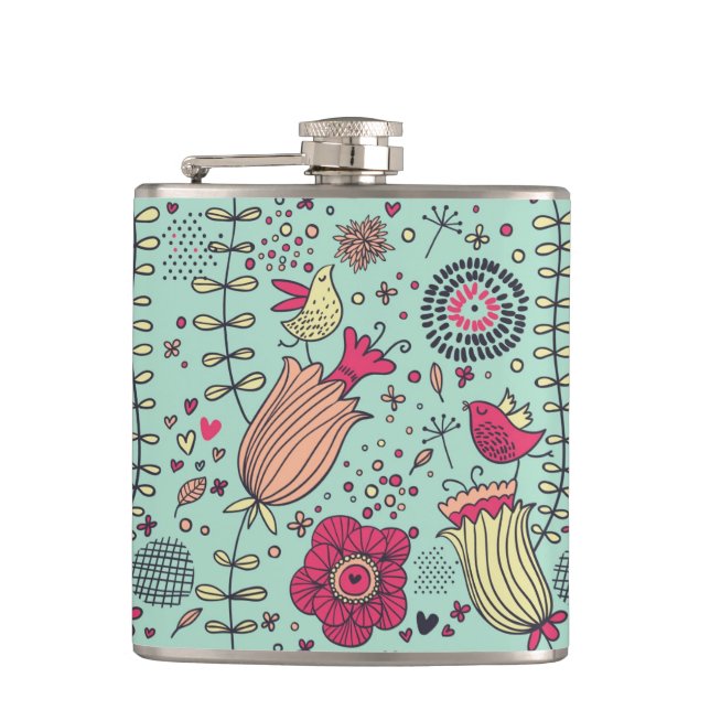 Cartoon floral pattern with birds hip flask (Front)