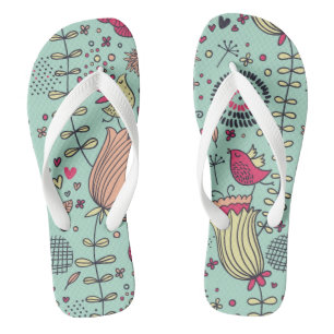 Cartoon floral pattern with birds jandals