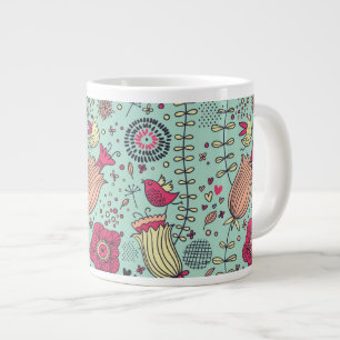 Cartoon floral pattern with birds large coffee mug