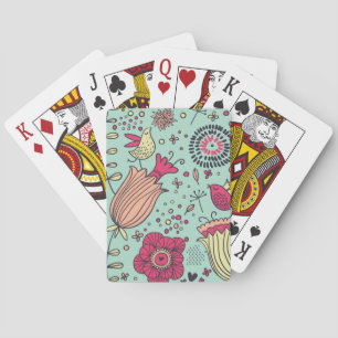 Cartoon floral pattern with birds playing cards