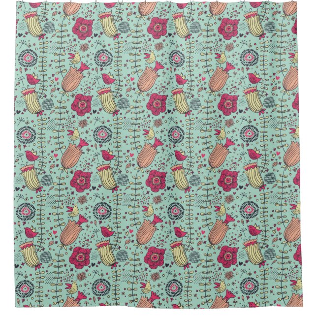 Cartoon floral pattern with birds shower curtain (Front)