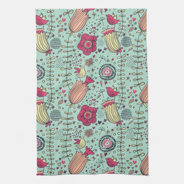 Cartoon floral pattern with birds tea towel (Vertical)