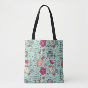 Cartoon floral pattern with birds tote bag