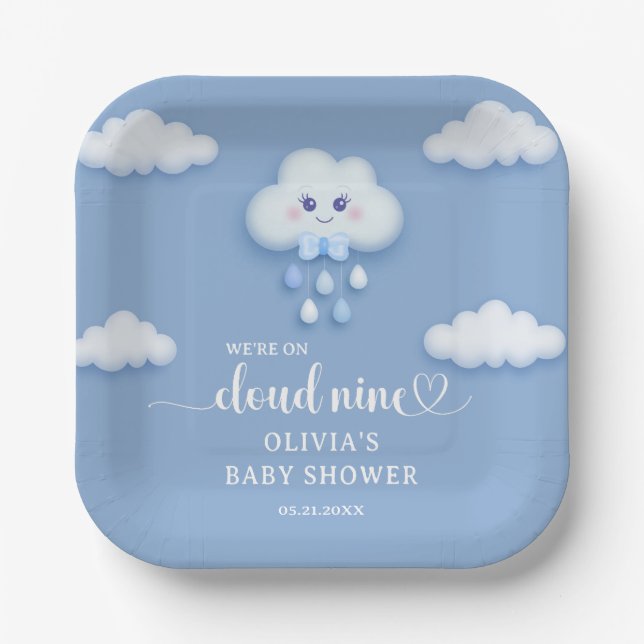 Cartoon fluffy white cloud 9 blue boy baby shower paper plate (Front)