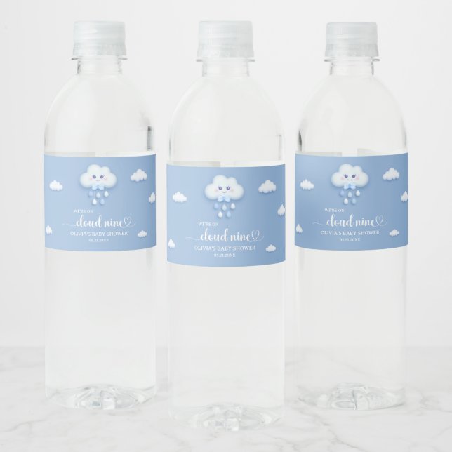 Cartoon fluffy white cloud nine blue boy baby  water bottle label (Bottles)