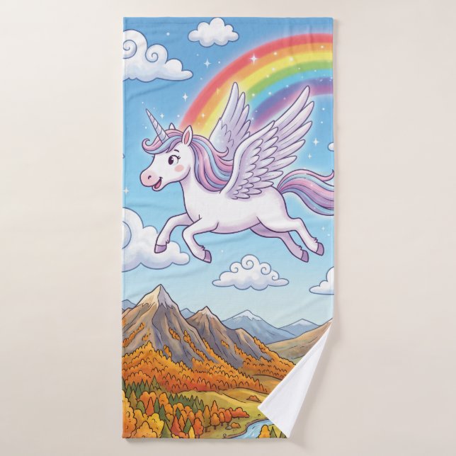 Cartoon Flying Unicorn with Rainbow Bath Towel Set (Bath Towel)