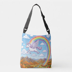 Cartoon Flying Unicorn with Rainbow Crossbody Bag