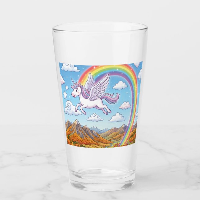 Cartoon Flying Unicorn with Rainbow Glass (Front)