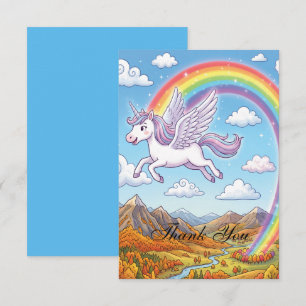 Cartoon Flying Unicorn with Rainbow   Personalise Thank You Card