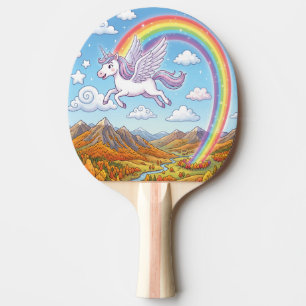 Cartoon Flying Unicorn with Rainbow Ping Pong Paddle
