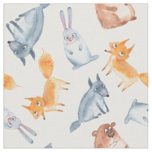Cartoon forest animals. Wolf, bear, fox and hare. Fabric
