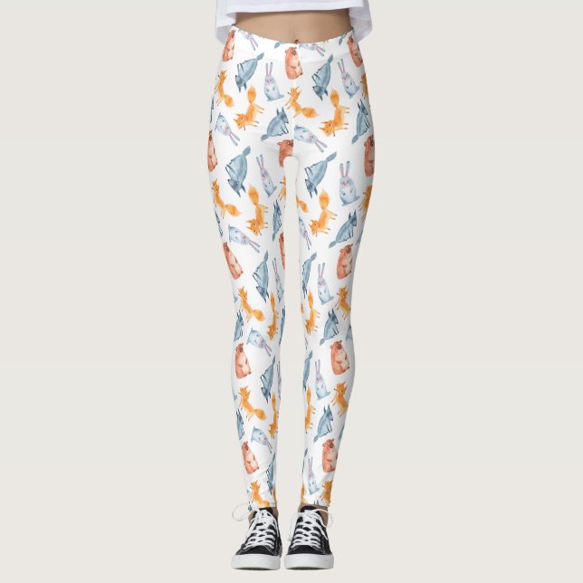 Cartoon forest animals. Wolf, bear, fox and hare. Leggings (Front)
