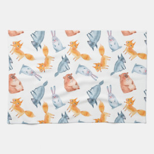 Cartoon forest animals. Wolf, bear, fox and hare. Tea Towel