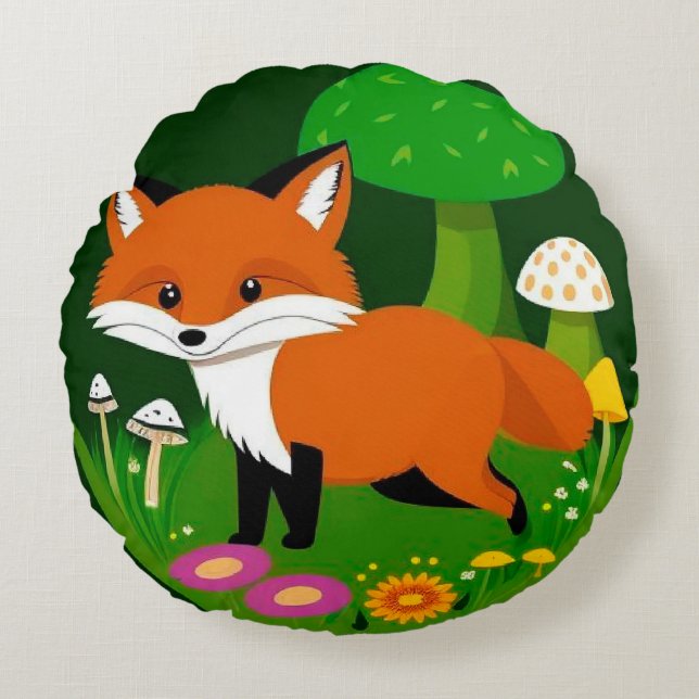Cartoon Fox in a Forest Round Cushion (Front)