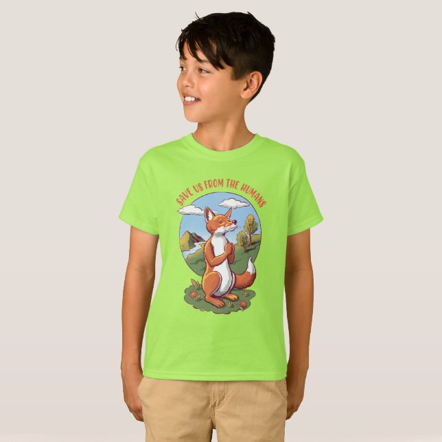 Cartoon Fox Prayer – Save Nature Message T-Shirt (Front Full)