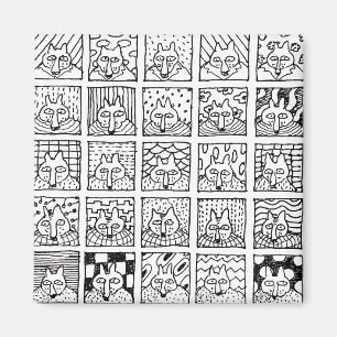 Cartoon Foxes Faces Squares Drawing Magnet