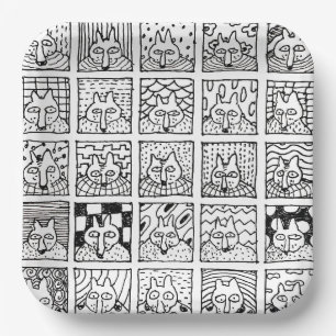 Cartoon Foxes Faces Squares Drawing Paper Plate